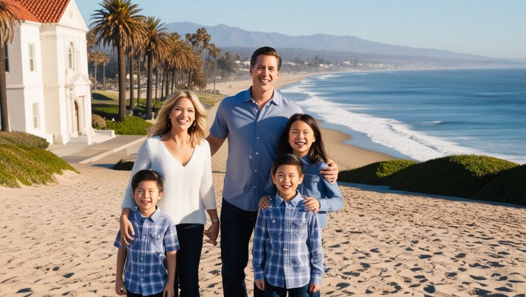 California coast line with courthouse in back of a family