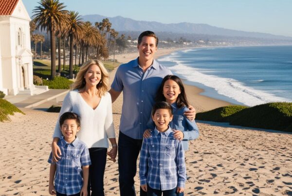 California coast line with courthouse in back of a family