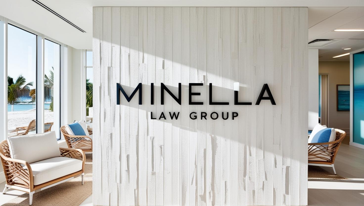a sign that says _minella law group_ in a modern beachy office space (1)