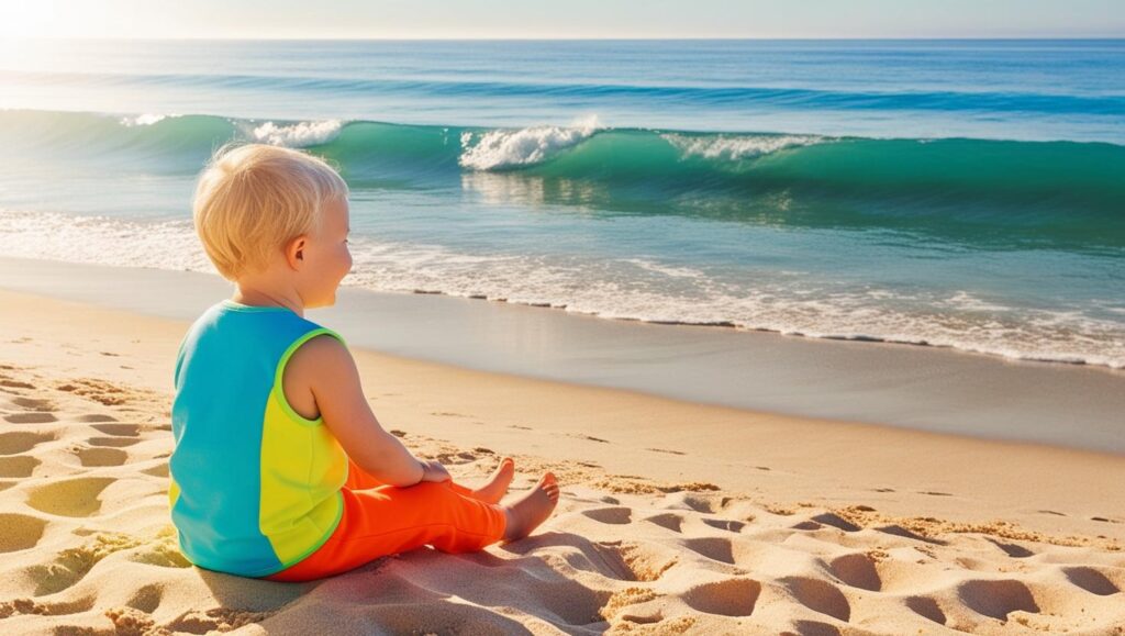 child in front of a CA beach front