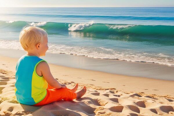 child in front of a CA beach front