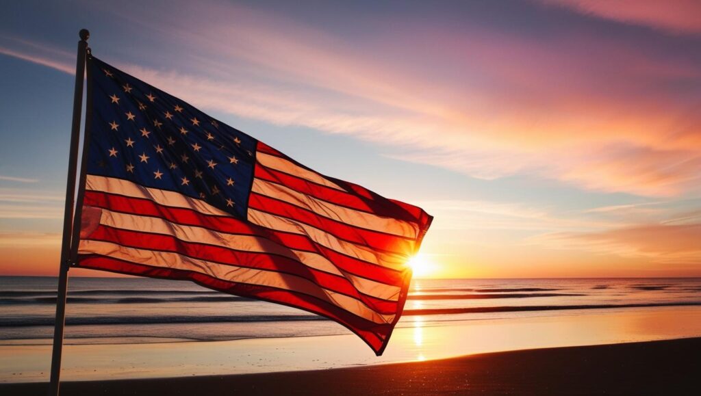 american flag over the beach at sunset