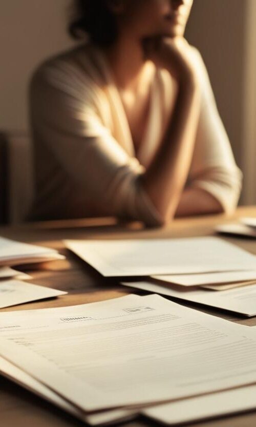paper work on a table with a person thinking in the back