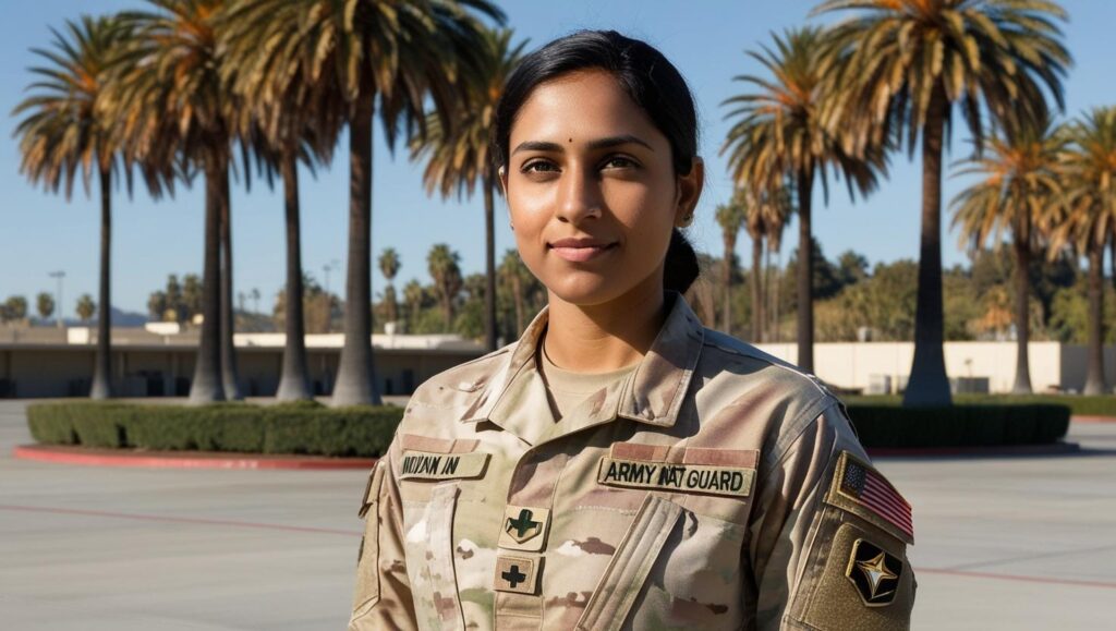 person in the army in CA at a base with palm treees