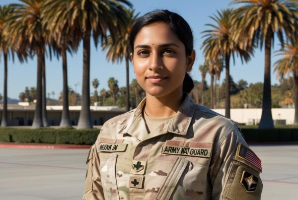 person in the army in CA at a base with palm treees
