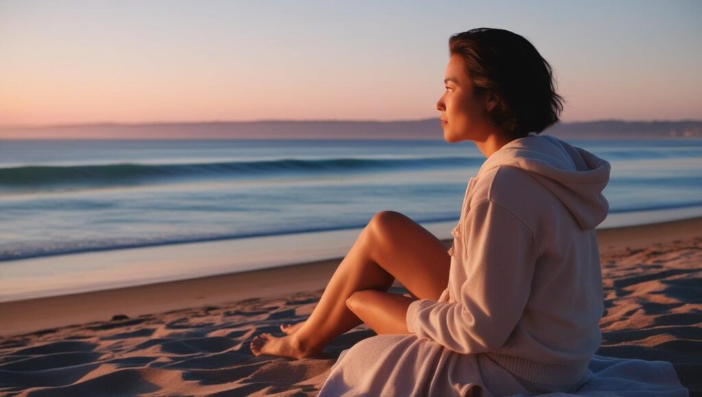 person sitting on a california beach along while thinking