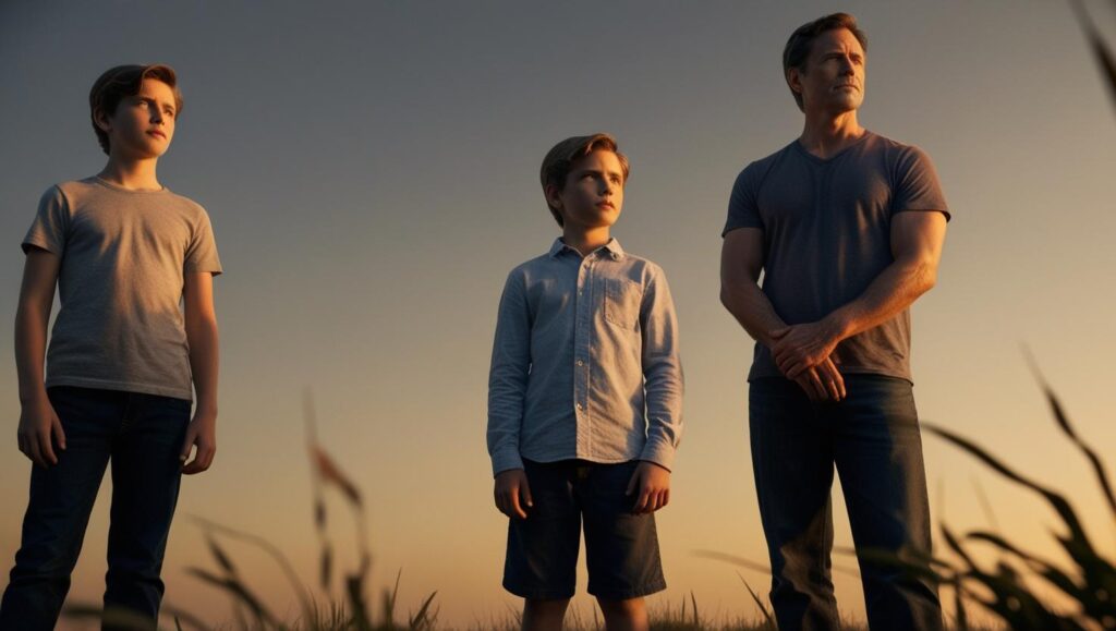 two kids standing in front of 2 adults who are looking of into the distance