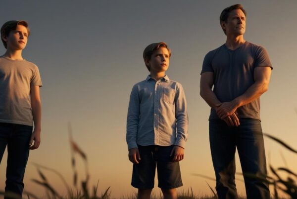 two kids standing in front of 2 adults who are looking of into the distance