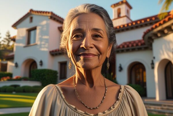 older person in front of a large home