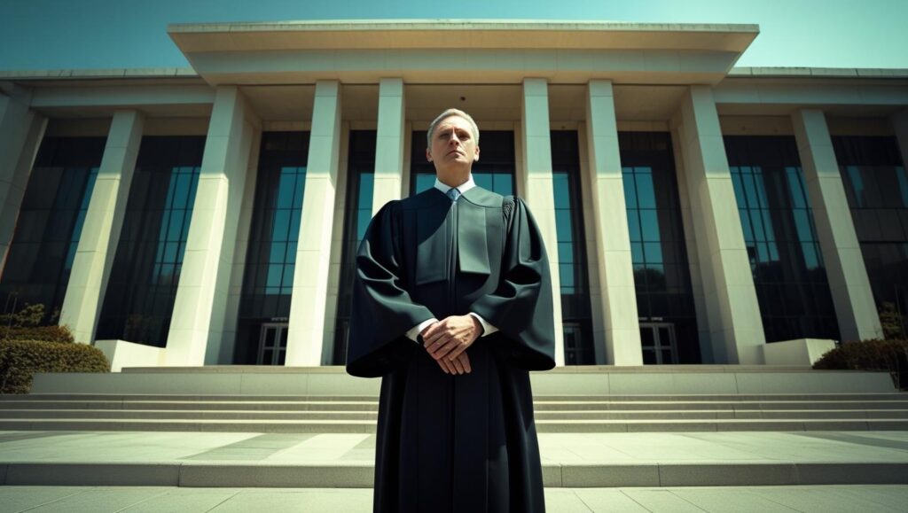 modern courthouse with judge standing out front of it with their arms folded
