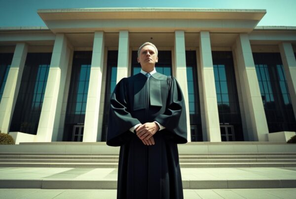 modern courthouse with judge standing out front of it with their arms folded