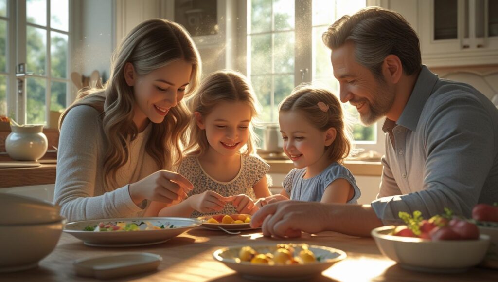 kid with family in the kitchen that looks hyper real