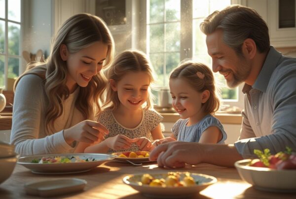 kid with family in the kitchen that looks hyper real