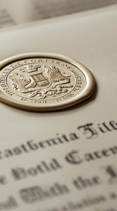 paper with a legal seal at the top and words below