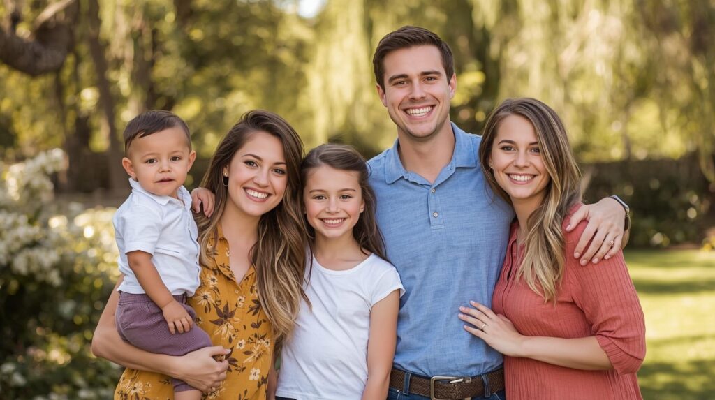 California family with 2 parents and 2 young kids and 1 adult that is their kids