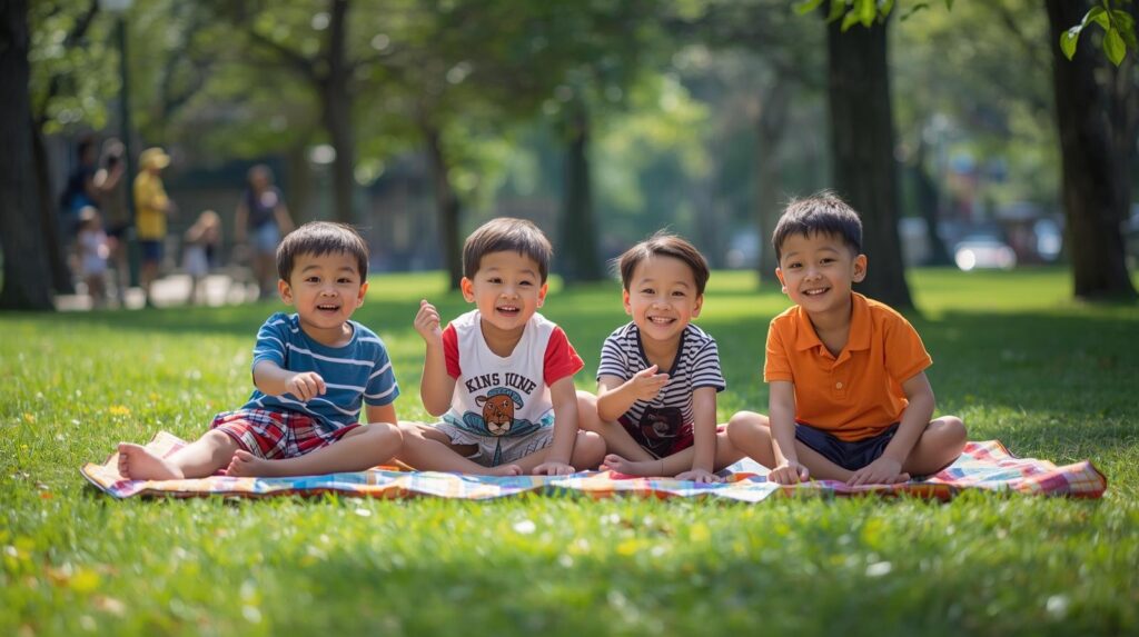 children sitting on a blanket at the park