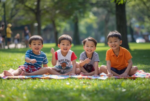 children sitting on a blanket at the park