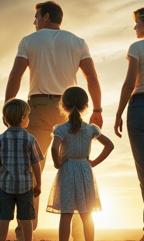 two kids standing in front of 2 adults who are looking of into the distance