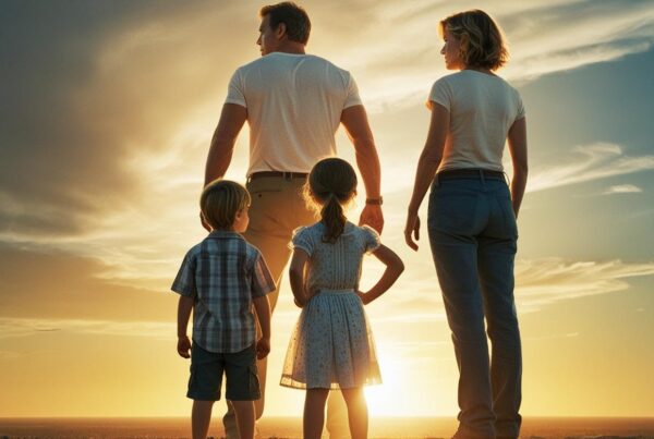 two kids standing in front of 2 adults who are looking of into the distance