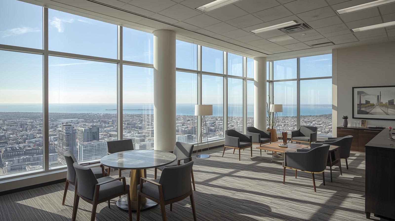 modern law office in California, view of the city and beach and lots of amenities