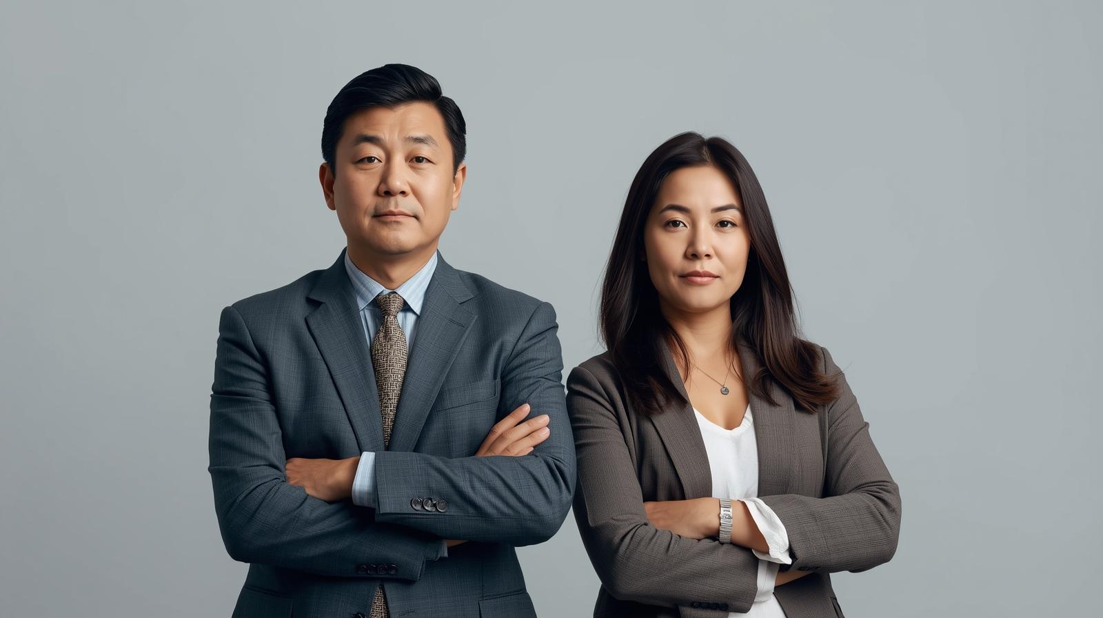 man and woman standing side by side with arms folded